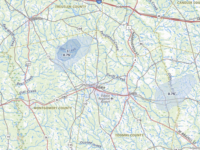 NEXRAD radar-signature map of the hail storm over Vidalia, GA on Jul 5, 2026