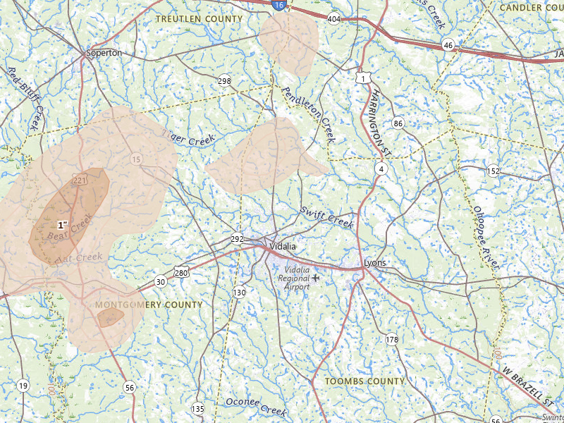 Radar-estimated hail-size map of the storm over Vidalia, GA on Jul 17, 2026