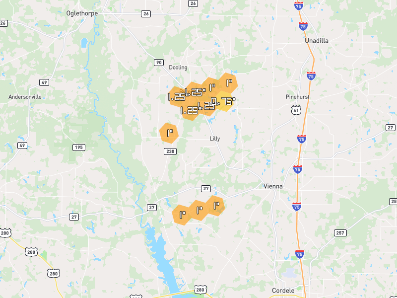Hail map of Vienna, GA on Jul 9, 2026, hail up to 1.25"