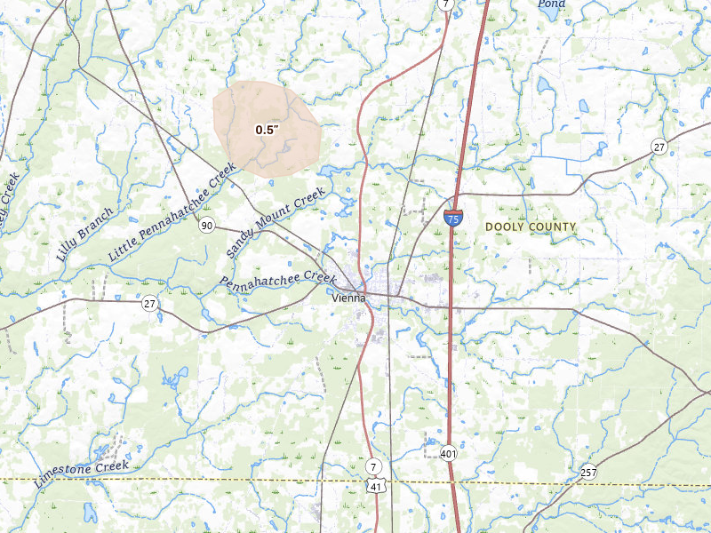 Radar-estimated hail-size map of the storm over Vienna, GA on Aug 6, 2026