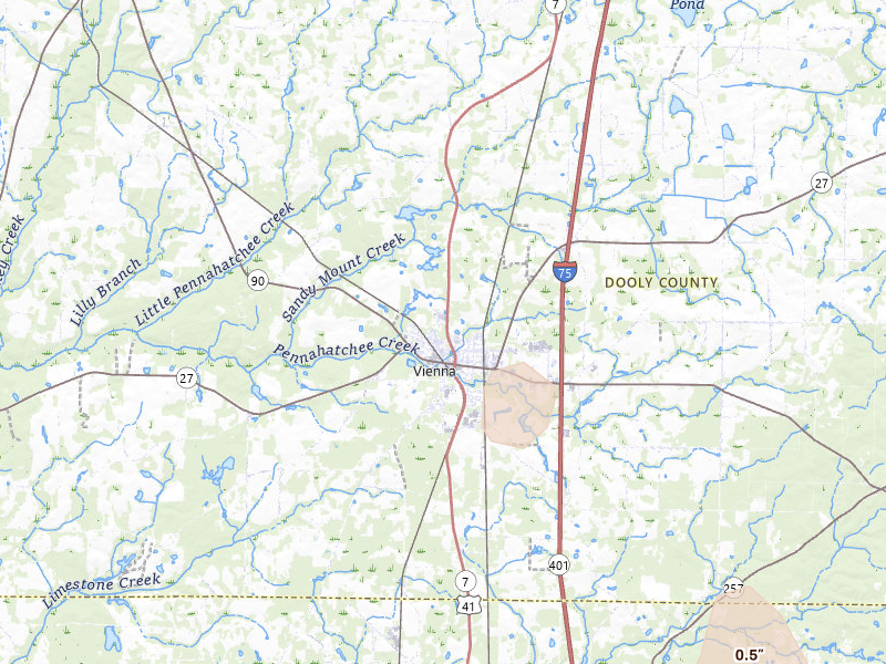 Radar-estimated hail-size map of the storm over Vienna, GA on Aug 21, 2026