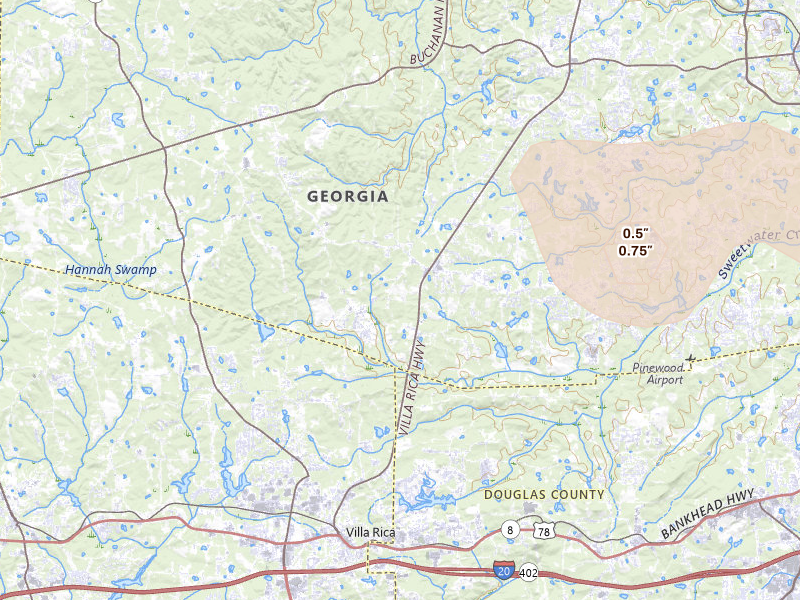 Radar-estimated hail-size map of the storm over Villa Rica, GA on Jul 2, 2026