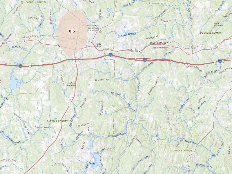 Radar-estimated hail-size map of the storm over Villa Rica, GA
