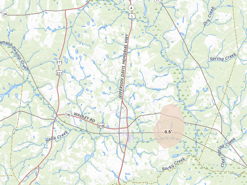 Radar-estimated hail-size map of the storm over Wadley, GA on Jun 14, 2026