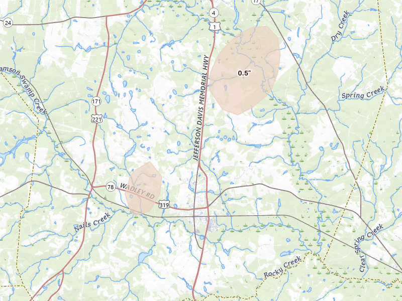 Radar-estimated hail-size map of the storm over Wadley, GA on Jul 9, 2026