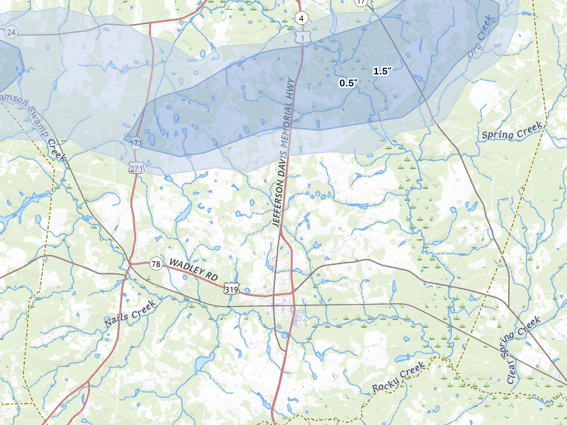 NEXRAD radar-signature map of the hail storm over Wadley, GA on Jul 9, 2026