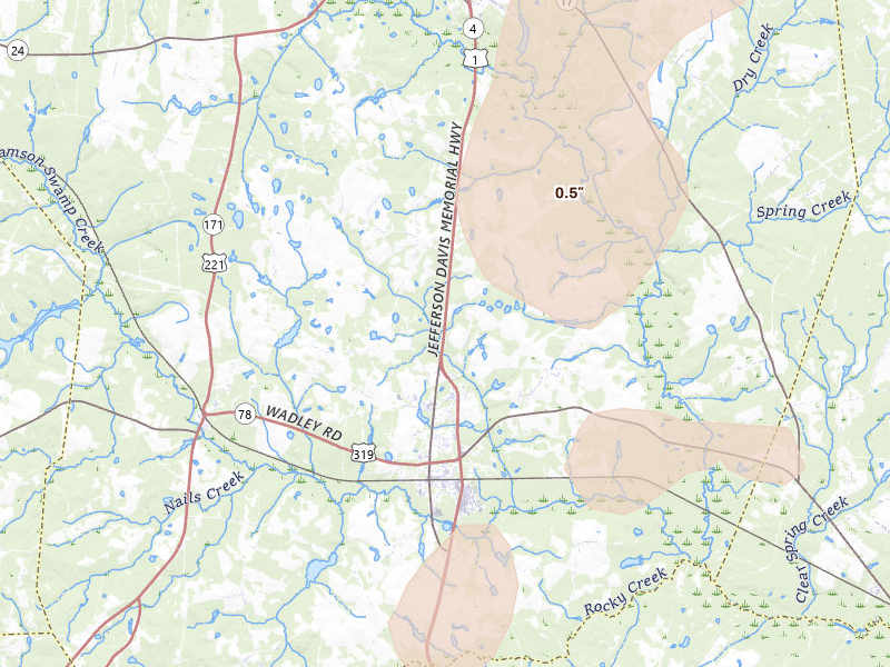 Radar-estimated hail-size map of the storm over Wadley, GA on Jul 17, 2026