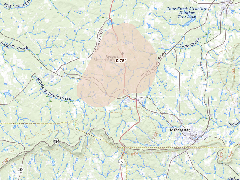 Radar-estimated hail-size map of the storm over Warm Springs, GA on Aug 11, 2026