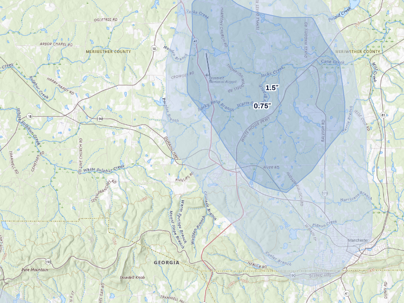 NEXRAD radar-signature map of the hail storm over Warm Springs, GA on Aug 11, 2026