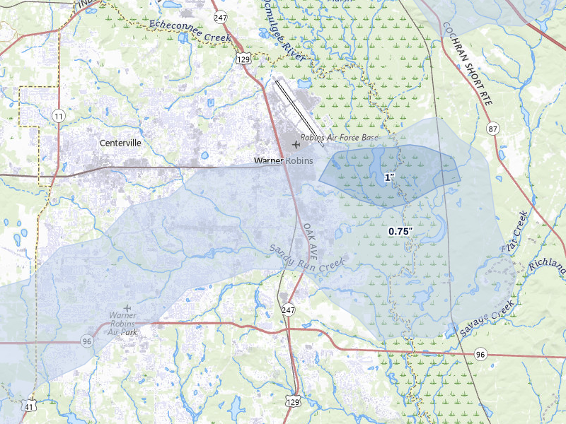 NEXRAD radar-signature map of the hail over Warner Robins, GA
