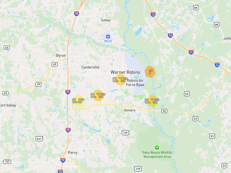 Hail map of Warner Robins, GA on Jul 9, 2026, hail up to 1"