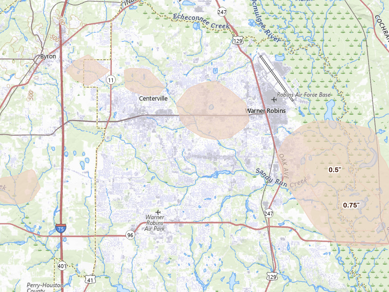 Radar-estimated hail-size map of the storm over Warner Robins, GA on Aug 11, 2026