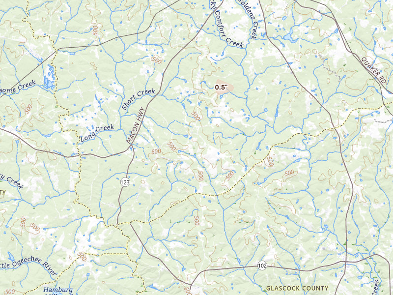Radar-estimated hail-size map of the storm over Warrenton, GA on Jul 10, 2026