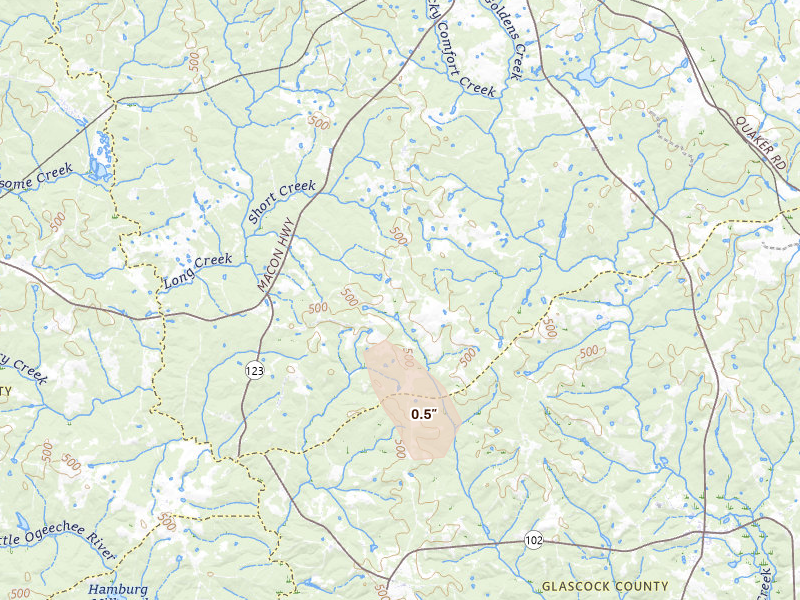 Radar-estimated hail-size map of the storm over Warrenton, GA on Jul 27, 2026