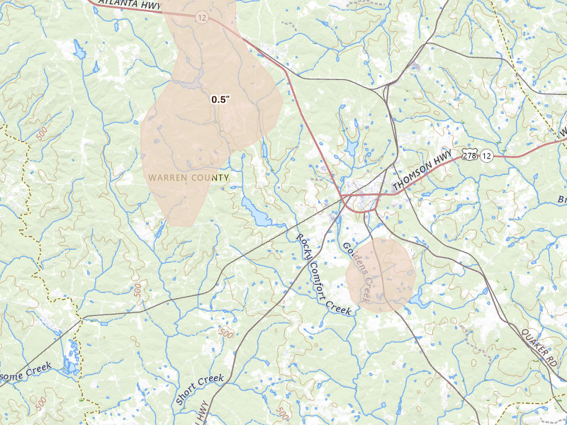 Radar-estimated hail-size map of the storm over Warrenton, GA on Aug 6, 2026