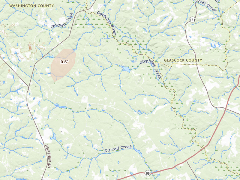 Radar-estimated hail-size map of the storm over Warthen, GA on May 23, 2026