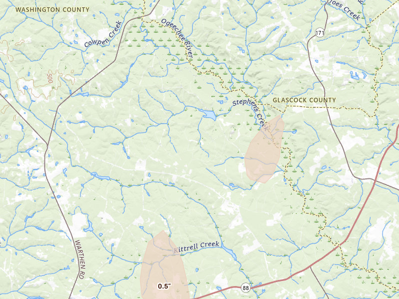 Radar-estimated hail-size map of the storm over Warthen, GA on Jun 29, 2026