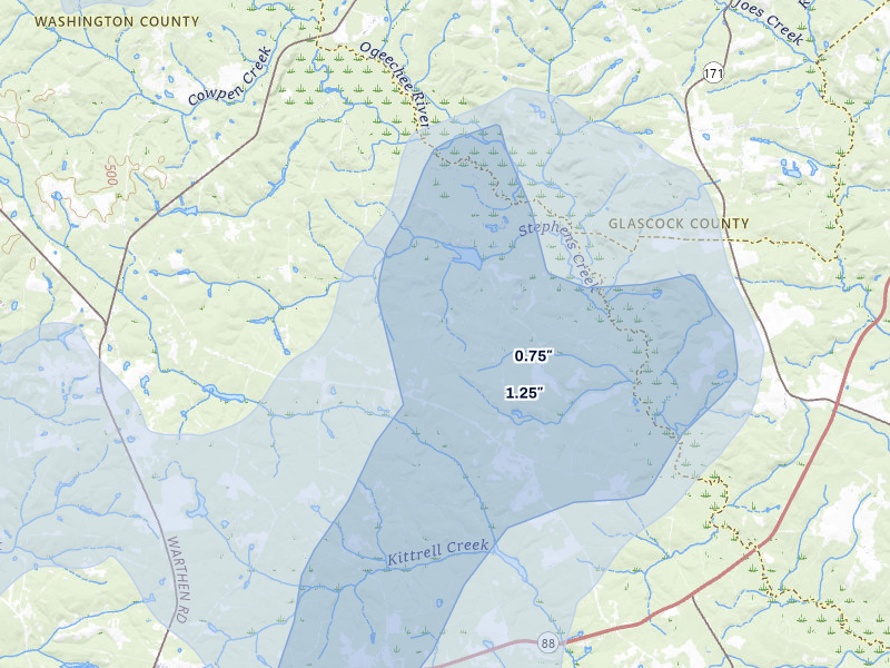 NEXRAD radar-signature map of the hail over Warthen, GA