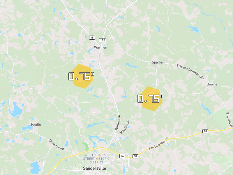 Hail map of Warthen, GA on Jun 29, 2026, hail up to 0.75"