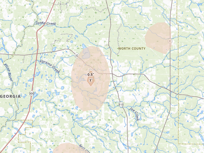 Radar-estimated hail-size map of the storm over Warwick, GA on May 22, 2026