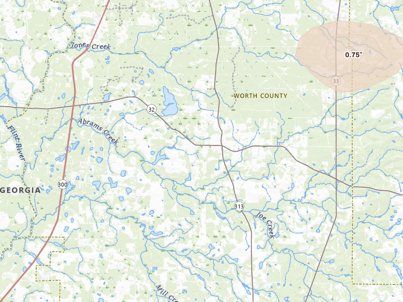 Radar-estimated hail-size map of the storm over Warwick, GA on Jul 10, 2026