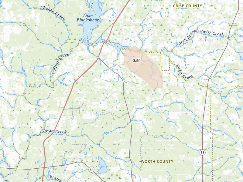 Radar-estimated hail-size map of the storm over Warwick, GA on Aug 13, 2026