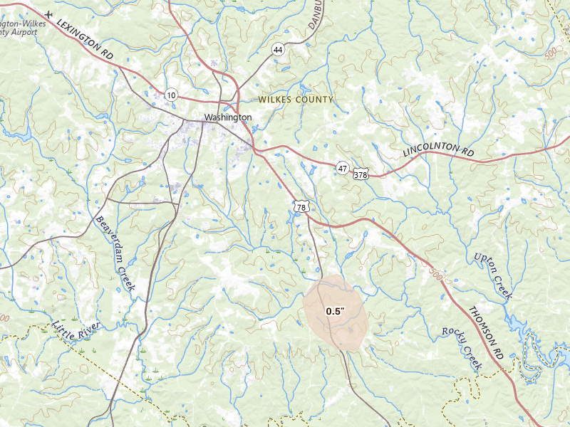 Radar-estimated hail-size map of the storm over Washington, GA on Aug 13, 2026