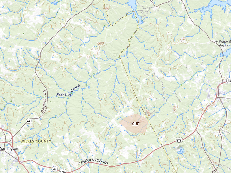 Radar-estimated hail-size map of the storm over Washington, GA on Aug 27, 2026