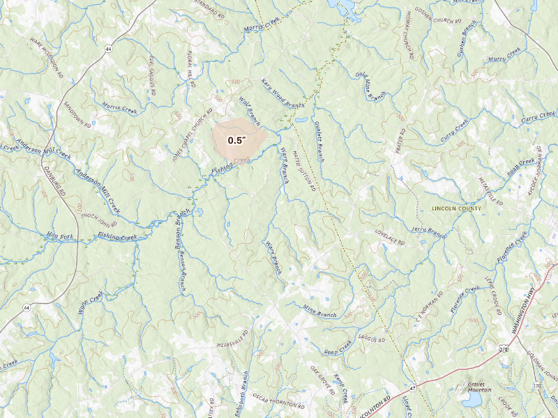 Radar-estimated hail-size map of the storm over Washington, GA on Sep 11, 2026