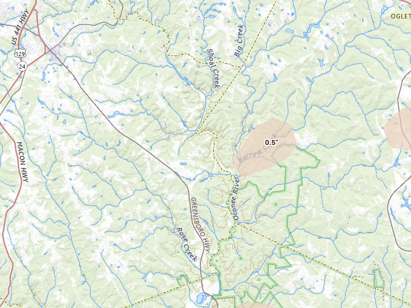 Radar-estimated hail-size map of the storm over Watkinsville, GA on Jul 10, 2026