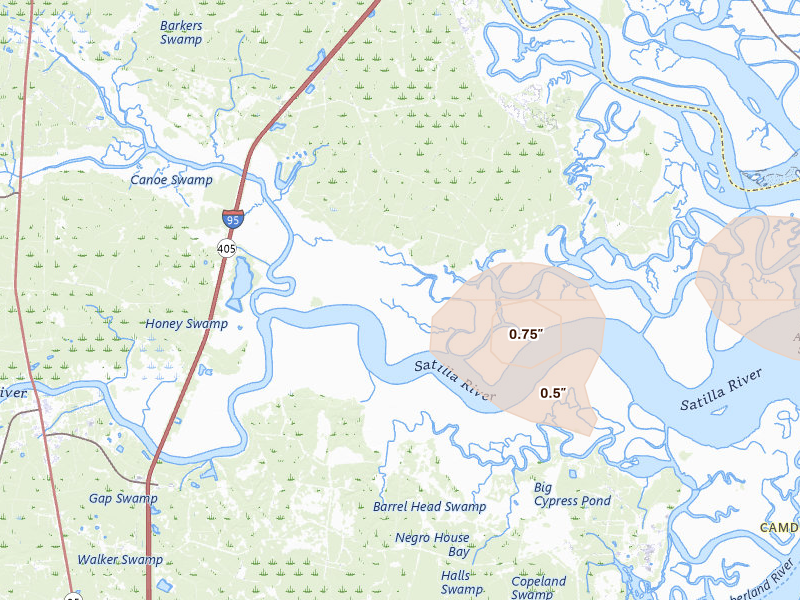 Radar-estimated hail-size map of the storm over Waverly, GA on Jun 13, 2026