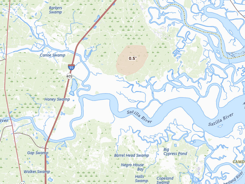 Radar-estimated hail-size map of the storm over Waverly, GA on Jul 11, 2026