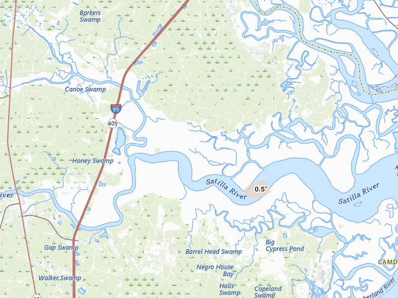 Radar-estimated hail-size map of the storm over Waverly, GA on Aug 25, 2026