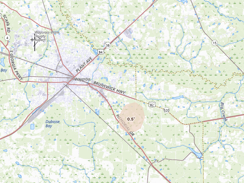 Radar-estimated hail-size map of the storm over Waycross, GA on Mar 6, 2026