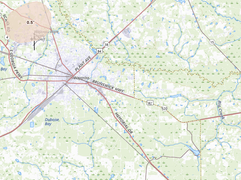 Radar-estimated hail-size map of the storm over Waycross, GA on Jun 26, 2026