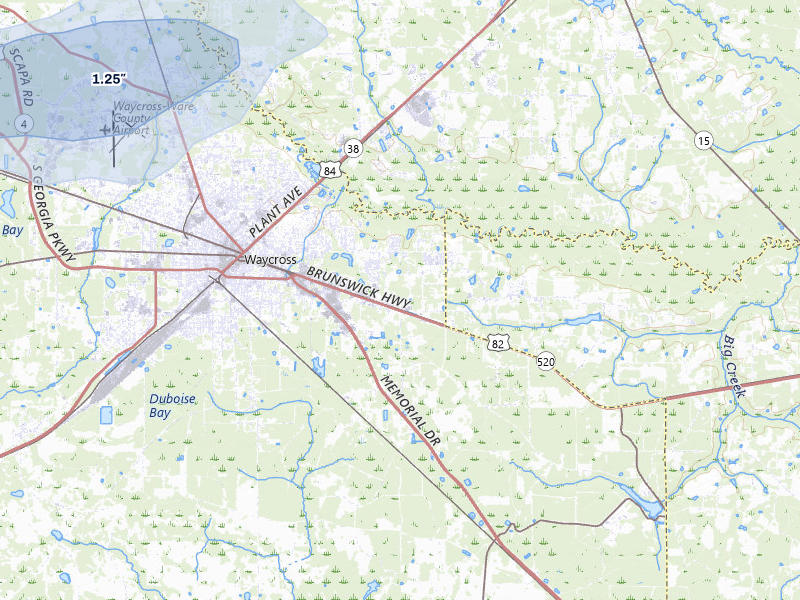 NEXRAD radar-signature map of the hail storm over Waycross, GA on Jun 26, 2026