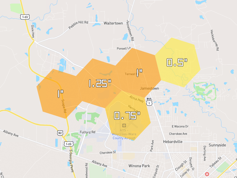 Hail map of Waycross, GA on Jun 26, 2026, hail up to 1.25"