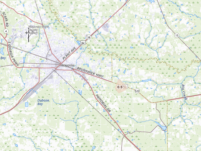 Radar-estimated hail-size map of the storm over Waycross, GA on Jul 19, 2026