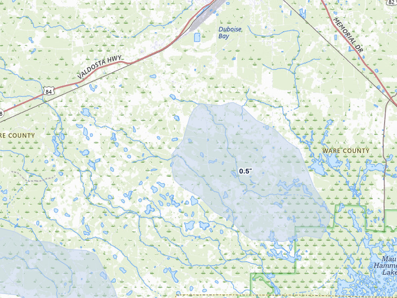 NEXRAD radar-signature map of the hail storm over Waycross, GA on Aug 13, 2026