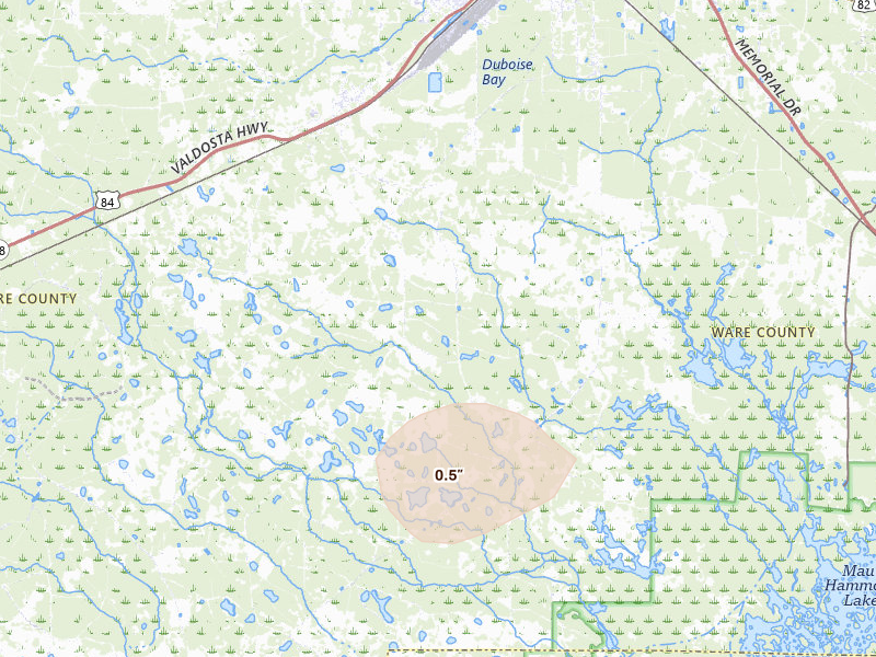 Radar-estimated hail-size map of the storm over Waycross, GA on Aug 16, 2026