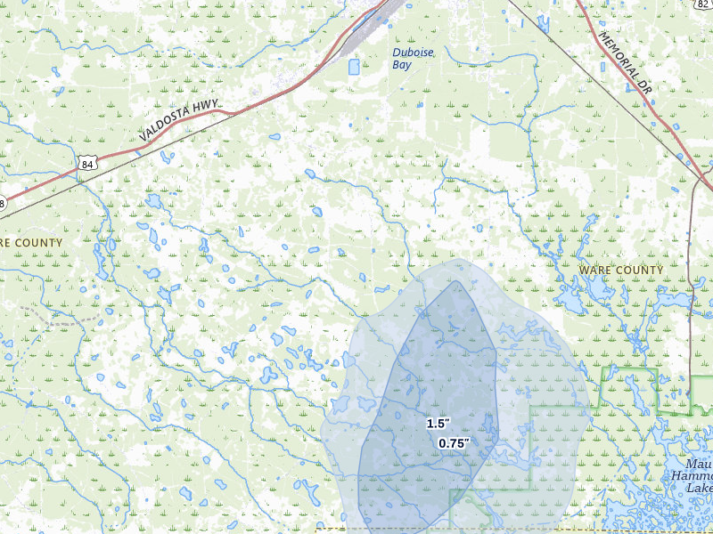 NEXRAD radar-signature map of the hail storm over Waycross, GA on Aug 16, 2026