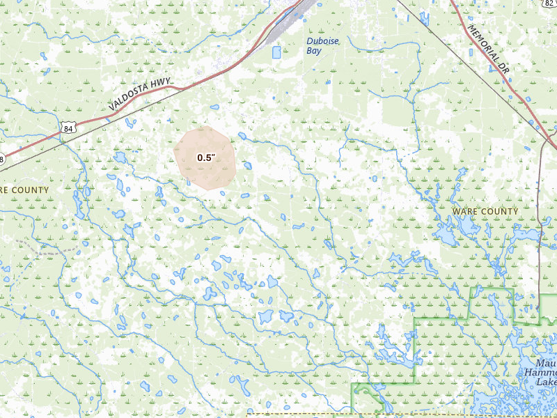 Radar-estimated hail-size map of the storm over Waycross, GA on Aug 20, 2026
