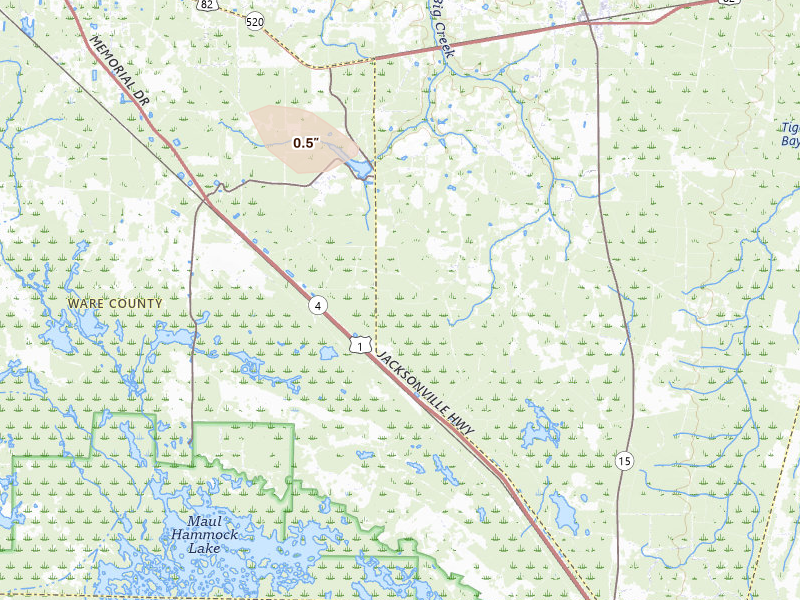Radar-estimated hail-size map of the storm over Waycross, GA on Aug 24, 2026