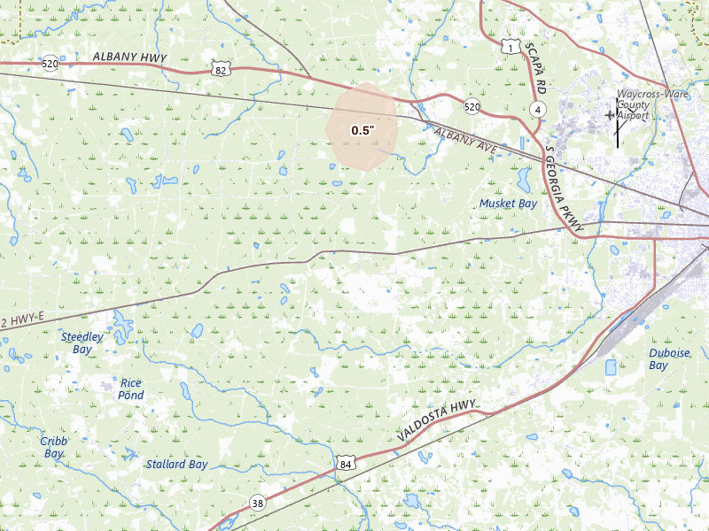 Radar-estimated hail-size map of the storm over Waycross, GA on Aug 25, 2026