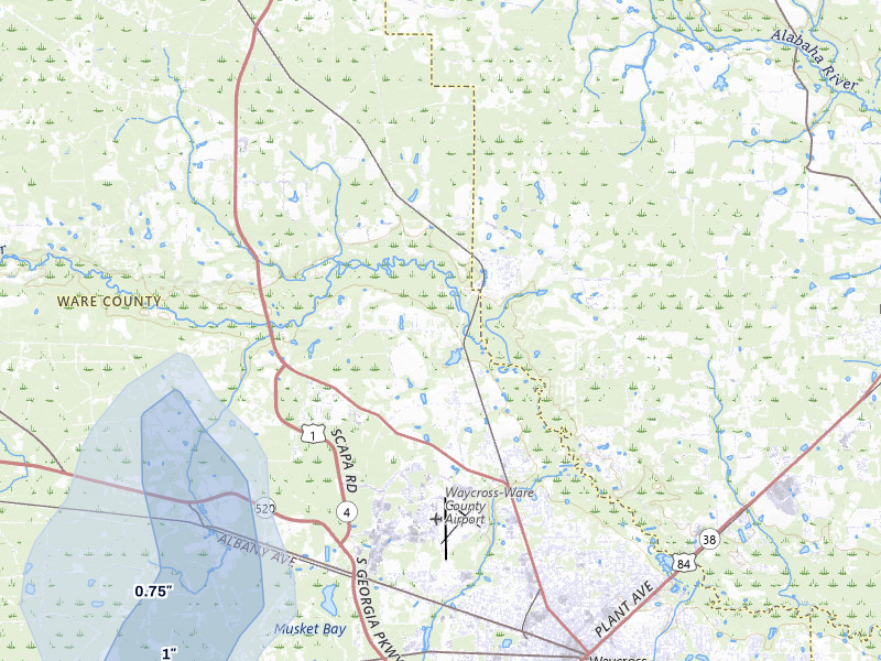 NEXRAD radar-signature map of the hail storm over Waycross, GA on Aug 25, 2026