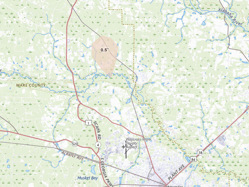 Radar-estimated hail-size map of the storm over Waycross, GA