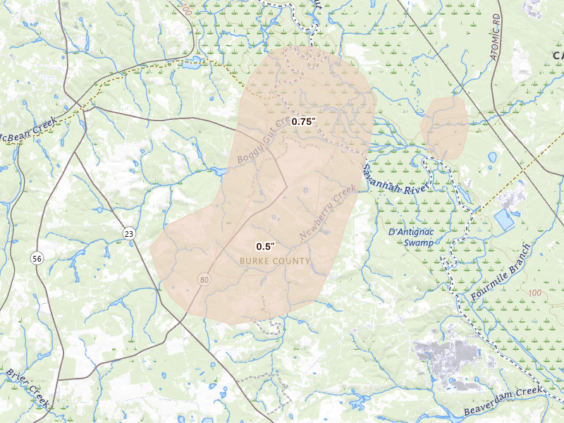 Radar-estimated hail-size map of the storm over Waynesboro, GA on Jun 29, 2026