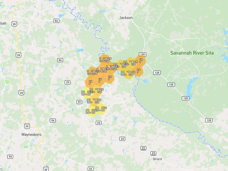 Hail map of Waynesboro, GA on Jun 29, 2026, hail up to 1.25"