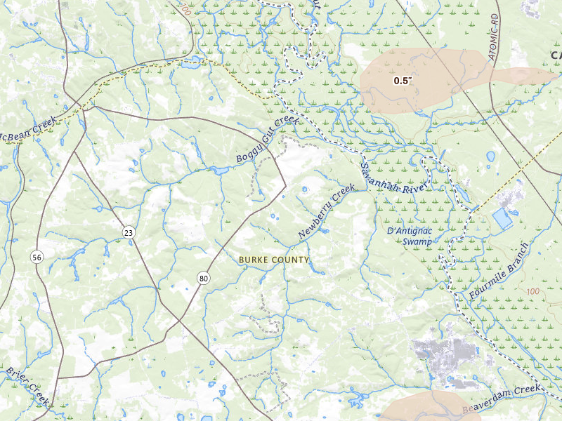 Radar-estimated hail-size map of the storm over Waynesboro, GA on Jul 17, 2026