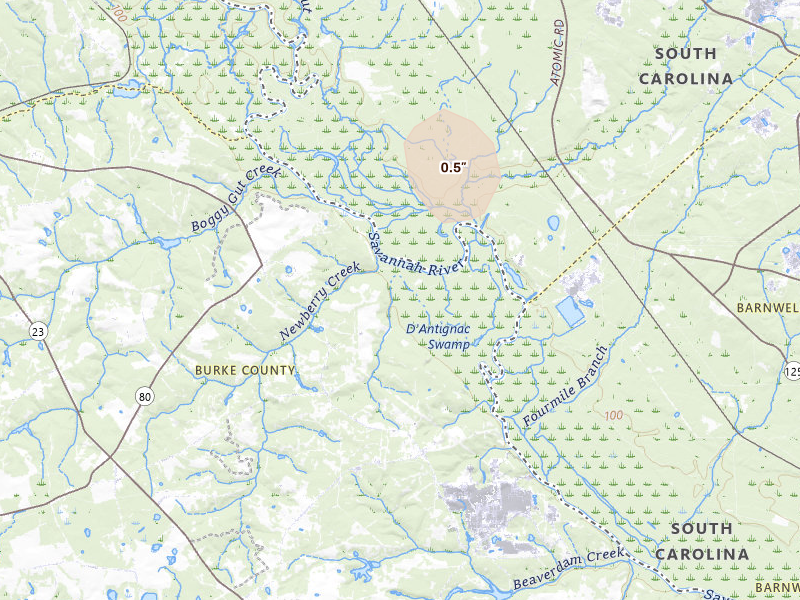 Radar-estimated hail-size map of the storm over Waynesboro, GA